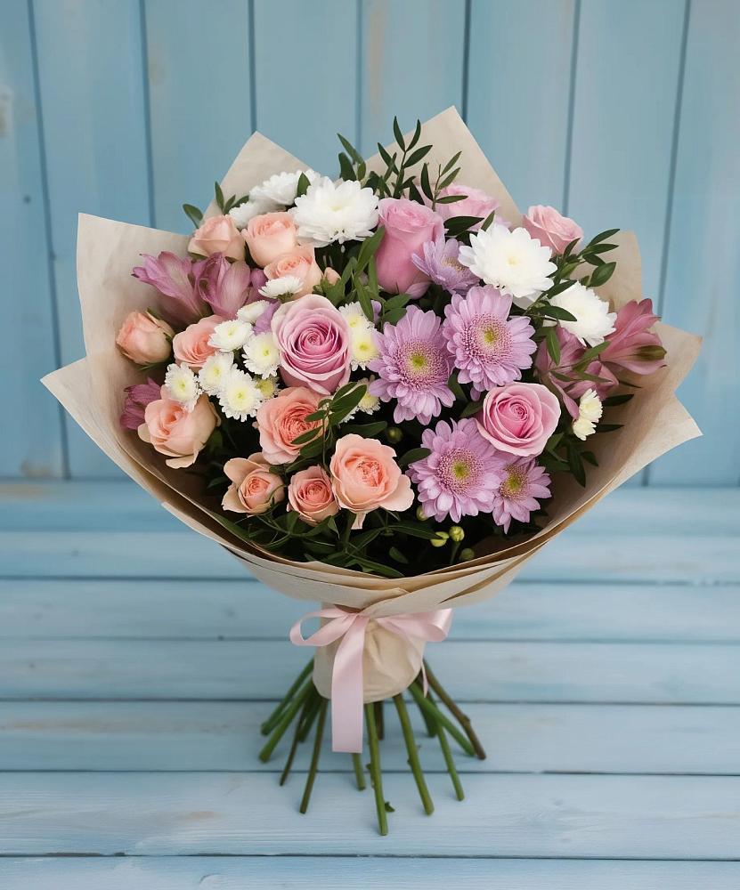 Букет цветов из: Хризантемы, Розы и Альстромерии в Белую Колпь