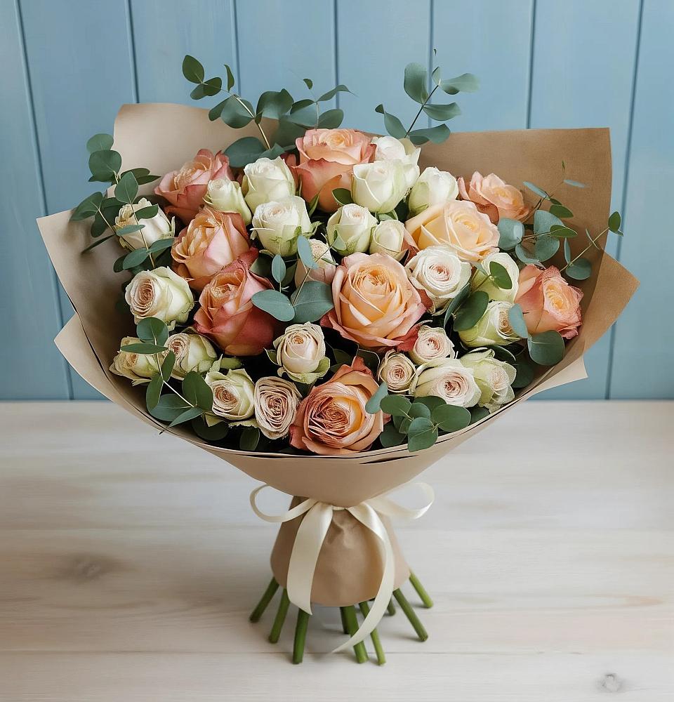 Букет цветов из: Альстромерии и Розы в Белую Колпь