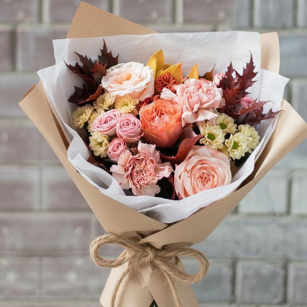 Букет цветов из: Гвоздики, Хризантемы и Розы в Белую Колпь