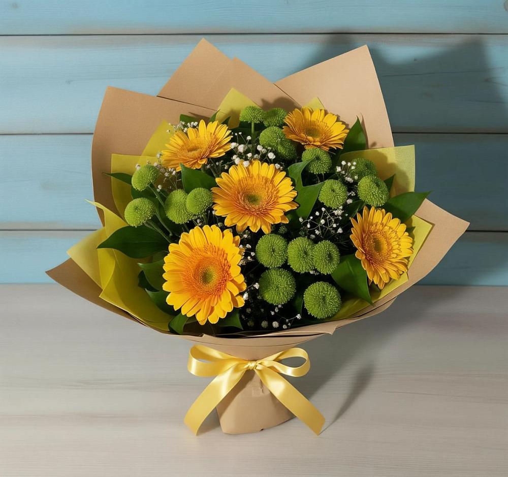 Букет цветов из: Герберы и Хризантемы в Белую Колпь