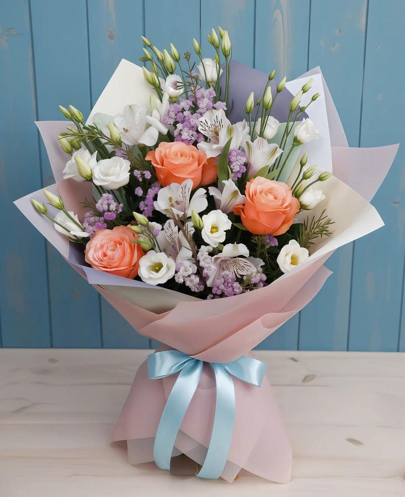 Букет цветов из: Лизиантусы, Розы, Альстромерии и Гипсофила в Белую Колпь