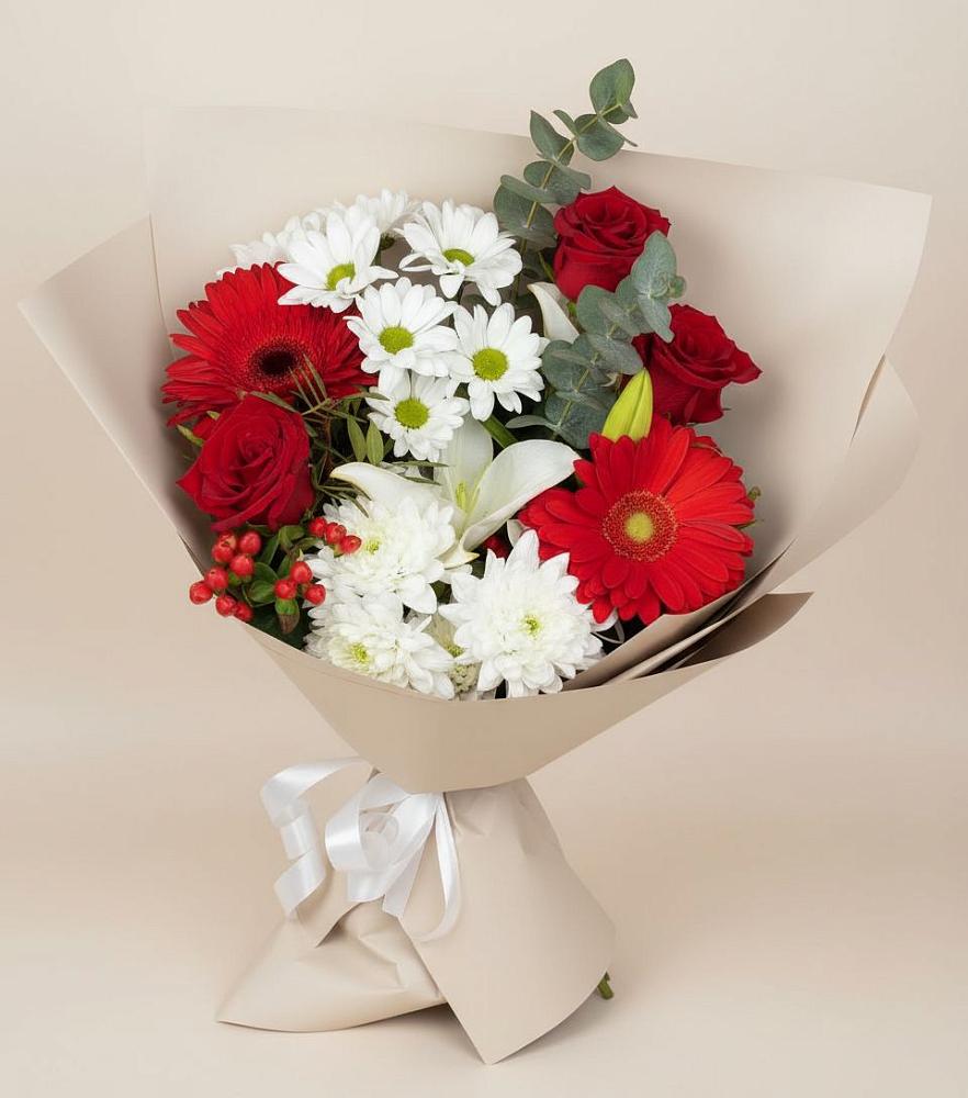 Букет цветов из: Розы, Хризантемы, Герберы и Лилии в Белую Колпь