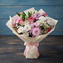 Букет цветов из:  Хризантемы, Альстромерии и Розы #REPLACE_PRED# Белую Колпь