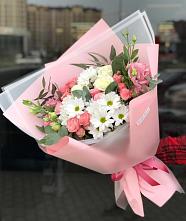 Букет цветов из:  Розы, Лизиантусы и Хризантемы в Белую Колпь