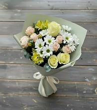 Букет цветов из:  Альстромерии, Розы и Хризантемы в Белую Колпь