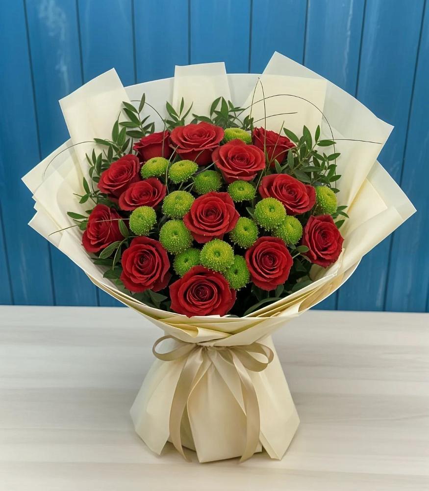 Букет цветов из: Розы и Хризантемы в Белую Колпь