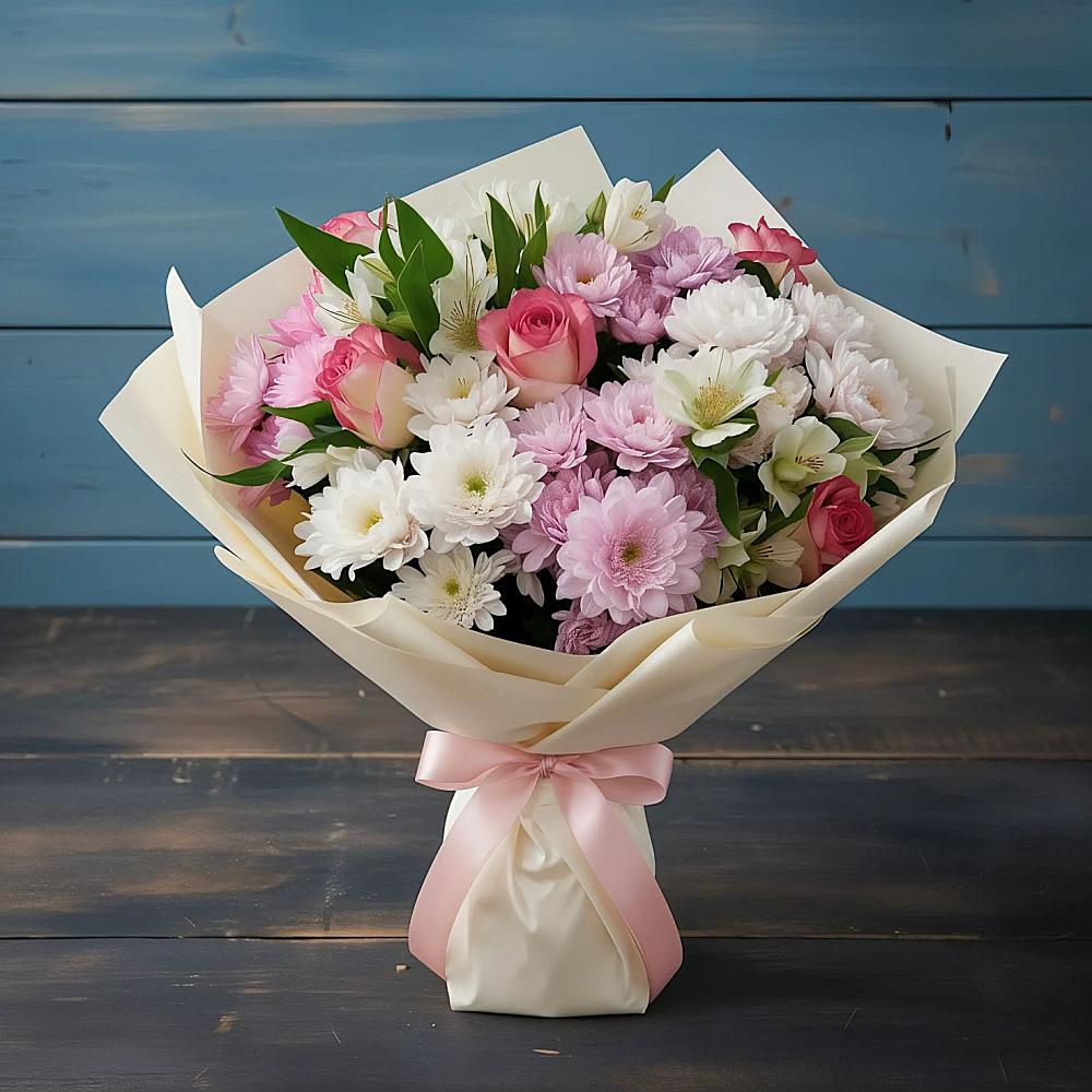 Букет цветов из: Хризантемы, Альстромерии и Розы в Белую Колпь